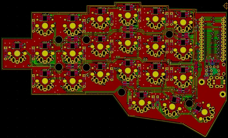 The second copper layer of the patched Corne PCB in KiCad, poured red before I exported gerbers